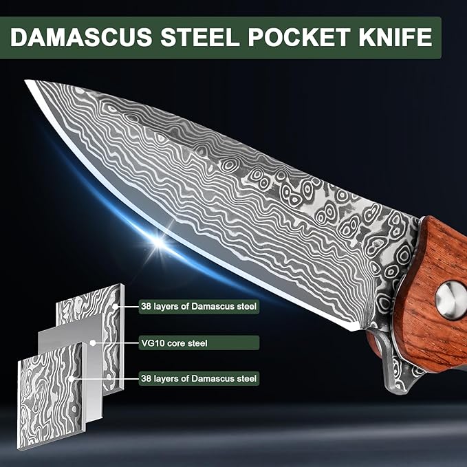 AUBEY Damascus Pocket Knife with VG10 Core, Wooden Handle, EDC Folding Knives for Men Outdoor Camping Collection Gift