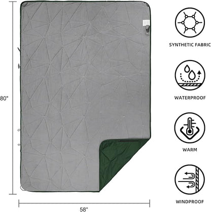 Outdoor Waterproof Blanket, Foldable Fleece Stadium Blanket for Outdoor Sports Event, Camping, Car, Pet, Picnics - Windproof, Wearable, Machine Washable 80" x 58" (Green,Hooded)