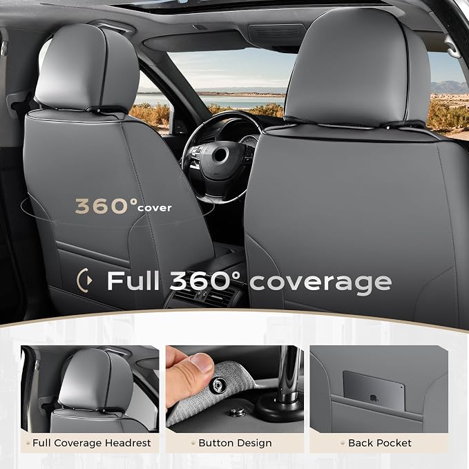 Coverado Car Seat Covers, Front Covers for Cars, Car Seat Cover Front Seats, Automotive Seat Cover, Waterproof, Leather Car Seat Cushion, Universal Interior Covers Seat Protectors for Most Cars Gray