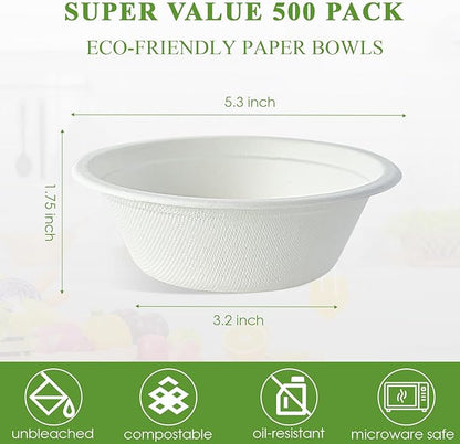 Vplus 500 Pack 12 OZ Paper Bowls Bulk, Disposable Compostable, Eco-friendly Bagasse, Heavy-duty Bowls Perfect for Milk Cereals, Snacks, Salads