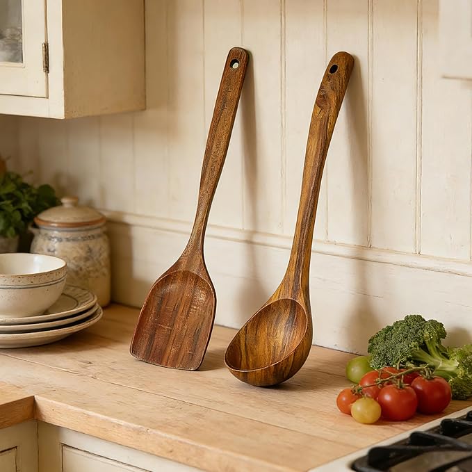 2Pcs Wooden Ladle and Spatula, Natural Acacia Long Handle, Large Capacity