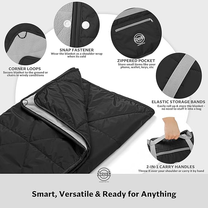 STOVER Waterproof Stadium Blanket – Portable Outdoor Camping Blanket for Travel, Picnics, or Sports – Warm, Windproof, Lightweight, and Packable (Onyx Black)