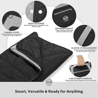 STOVER Waterproof Stadium Blanket – Portable Outdoor Camping Blanket for Travel, Picnics, or Sports – Warm, Windproof, Lightweight, and Packable (Onyx Black)