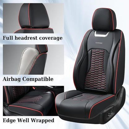 Coverado Car Seat Covers Full Set, 5 Seats Nappa Leather Seat Covers for Cars, Waterproof Automotive Car Seat Covers Interior Accessories Universal Fit Most Cars(Black&Red)