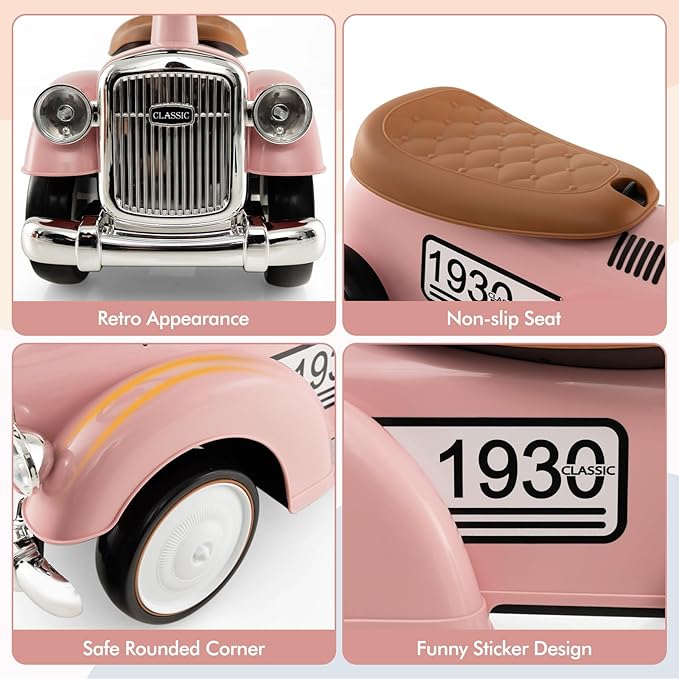 HONEY JOY Ride On Push Car, Outdoor Toddler Riding Toys w/Steering Wheel, Horn & Storage, Foot-to-Floor Sliding Car, No Batteries, Retro Baby Ride On Toys for Boys and Girls (Pink)