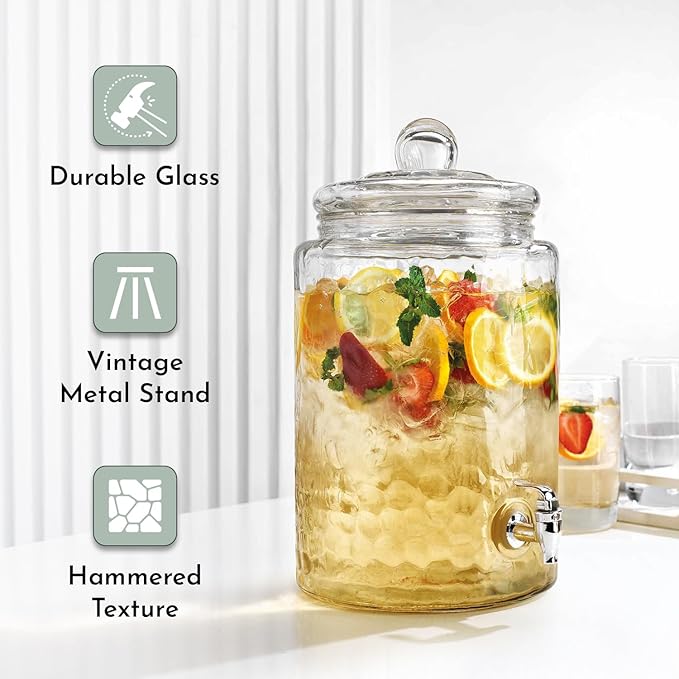 2 PACK 1.5 Gallon Drink dispenser, Classic Hammered Glass Beverage Dispenser