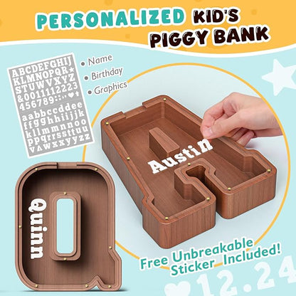 Summidate Wooden Letter Piggy Bank, Extra Thick Large Capacity Piggy Bank for Kids Boys Girls Toddler, Alphabet Q Money Bank| Coin Box Birthday, Christmas, Festival