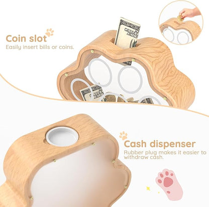 KMC Wooden Cat Caw Piggy Bank, Dog Paw Money Box for Boy Clear Piggy Bank for Girl Small Initial Coin Bank Personalized Gift for Birthday and Festival(Natural)