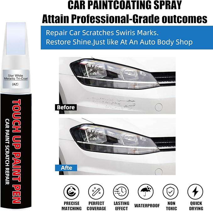 Star White Metallic Tri-Coat(AZ) Car Touch Up Paint for Ford 2-in-1 Car Scratch Repair Pen with Fine Tip&Brush, DIY Color-Code Matched Auto Paint for Rock Chips Door Scratches Paint Nicks Bumper Marks