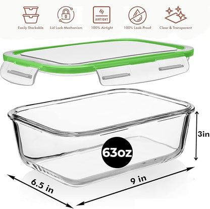 Razab 4 PC 1860ml / 63 Oz / 8 Cups Large Glass Food Storage Containers