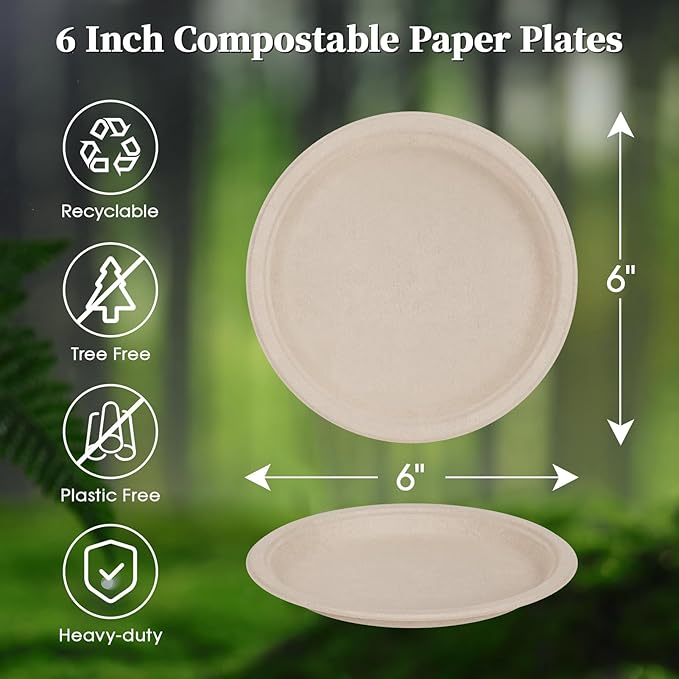 ECOLipak 6 Inch Disposable Compostable Small Paper Plates, 200 Pack Recycled Sugarcane Bagasse Biodegradable Heavy Duty Mini Dinner Appetizer Cake Dessert Plates for Party(Nature)
