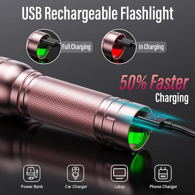 Rechargeable Flashlights High Lumens, G1000 Super Bright Flash Light Pink, Small Zoomable LED Flashlight with 3 Lighting Modes, Portable Tactical Flashlight for Camping Essentials, Gift for Women