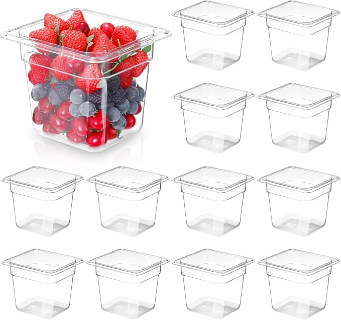 12 Pack 6'' Deep NSF Food Pans 1/6 Size | Commercial Food Storage Containers | Polycarbonate Plastic Pans for Restaurant | Commercial Grade for Food Prep | Clear