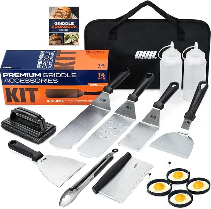 Flat Top Griddle Accessories Set for Blackstone and Camp Chef Griddle - 14 Pieces Set with Griddle Cleaning Kit & Carry Bag! Metal Spatula, Griddle Scraper, Egg Rings for Teppanyaki & Gas Grill