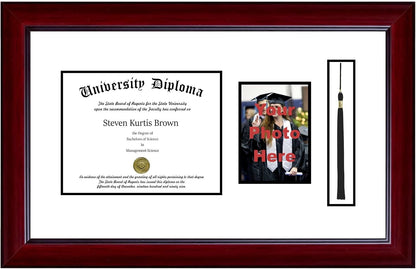 Single Diploma Frame with 5x7 Photo, Tassel and Double Matting for 9" x 7" Tall Diploma with Mahogany 2" Frame