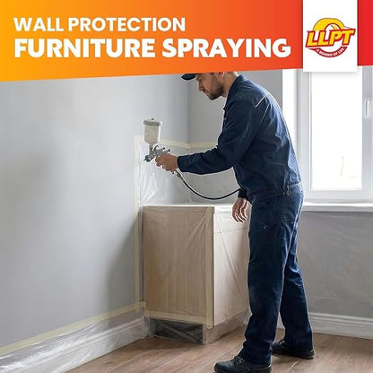 LLPT Pre-Taped Masking Film, 25.6" Unfolded x 66Ft, 0.27 Mil, 2 Pack | Static-Cling, Disposable, Solvent & Oil Resistant Bleed-Proof Low Tack No Residue for Auto Wall Furniture Painting Protection