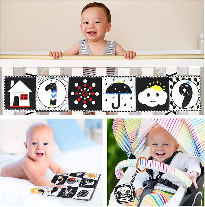 KUANGO 3 PCS Black and White High Contrast Baby Toys Newborn Toys 0-6 Months, Visual Stimulation Sensory Soft Book, Infant Tummy Time Toys 0-3-6 Months Baby Gifts