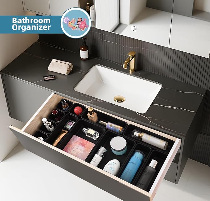 Kutesna 25 PCS Black Drawer Organizer Set, 4 Size Interlocking Plastic Storage