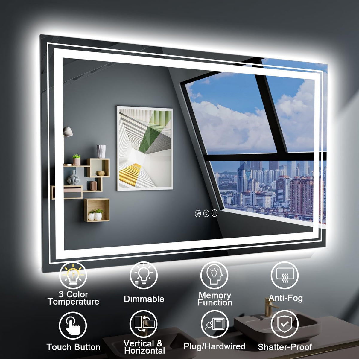 Snowdool 23x35 LED Bathroom Mirror with Front and Backlight, Dimmable Lighted Bathroom Vanity Mirror with Anti-Fog, Memory Function,Tempered Glass(Horizontal/Vertical) | Front and Backlit, Dimmable, Anti-Fog, Tempered Glass