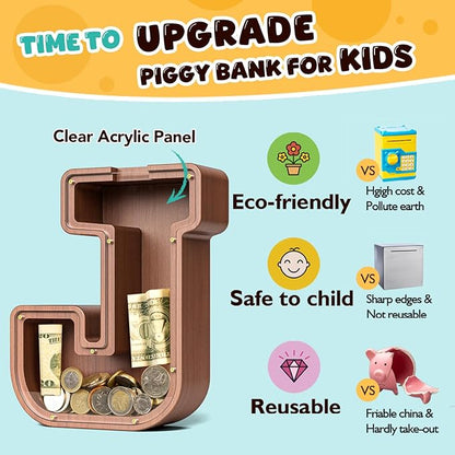 Summidate Wooden Letter Piggy Bank, Extra Thick Large Capacity Piggy Bank for Kids Boys Girls Toddler, Alphabet J Money Bank| Coin Box Birthday, Christmas, Festival