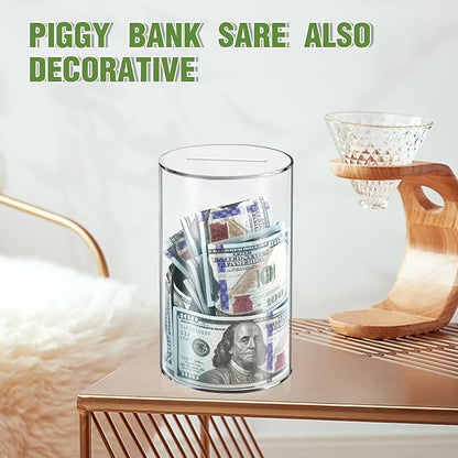 Clear Piggy Bank for Adults/Kids, Acrylic Unopenable Money Box for Cash Coin Saving, Must Break to Open, Money Saving Jar for Adults Boys Girls, Size 8" H x 5" Diameter