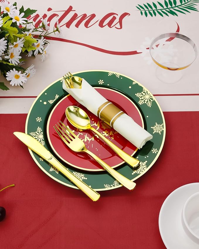 Goodluck 175 Piece Christmas Plates Sets for 25 Guests, Christmas Tableware Disposable for Party, Include 50Plates, 25Pack Pre Rolled Napkins with Silverware, 25Cups for Party, Wedding, Graduation