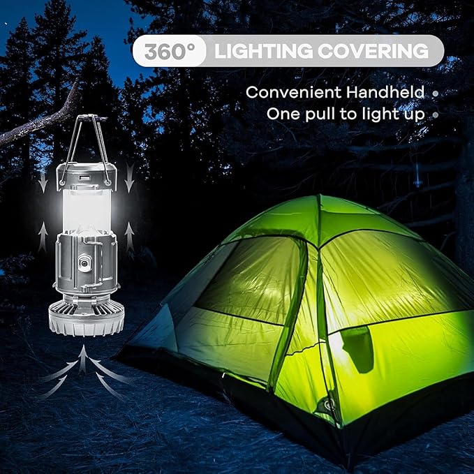 Solar Camping Lantern with Fan, Collapsible USB Rechargeable & Battery Powered Emergency Hanging Lights for Camping Tent Hurricanes Power Outages Storm Indoor Outdoor (Upgraded, 1 Pack)