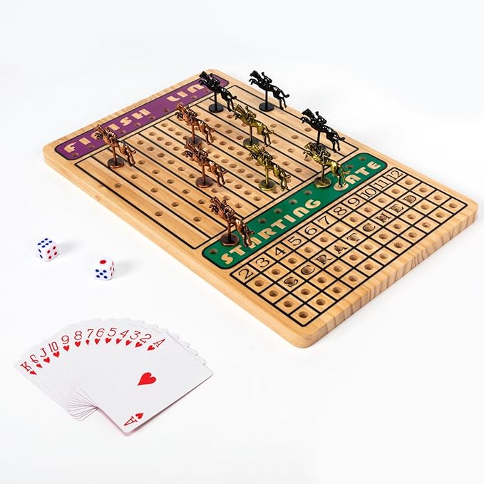 Horse Race Board Game, Horse Racing Game with 11 Luxury Metal Horses, 4 Dice, 2 Boxes of Cards, and Thickened Wood Horse Race Game Board