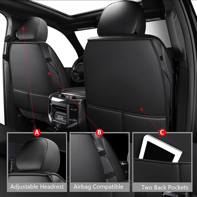 MIROZO Truck Seat Covers Full Set for Ram, Waterproof Ram 1500 Seat Cover Leather Seat Cover Compatible with 2009-2026 Ram 1500/2500/3500 Crew Quad Cab Pickup with Split Curved Bench 40/60,Black