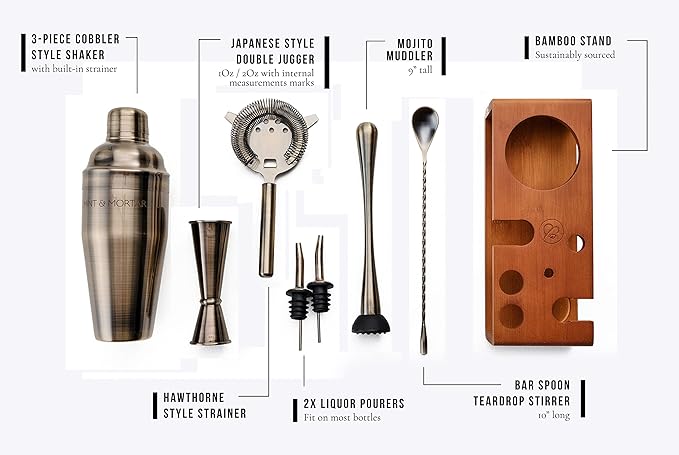 Mint & Mortar Cocktail Shaker Set, 7-Piece Bartender Kit with Stand, 24oz Martini Shaker Bottle Stainless Steel Bar Tools, Home Bar Accessories Drink Mixer, Barware Gift Set - Brushed Gold