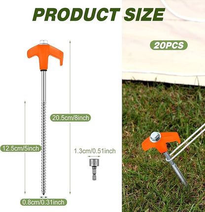 Hicarer 20 Pcs 20 Pcs 8'' Screw in Tent Stakes Heavy Duty Ground Metal Stakes for Inflatables with Hex Head Driver for Outdoor Camping Tent Inflatable Garden Decor (Orange)