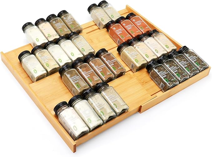 Bamboo Spice Drawer Organizer, Expandable 4 Tier Spice Rack