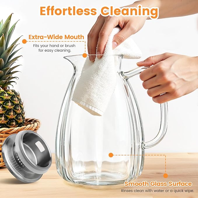 Glass Pitcher with Lid and Handle, 2.2L Borosilicate Glass Water Carafe