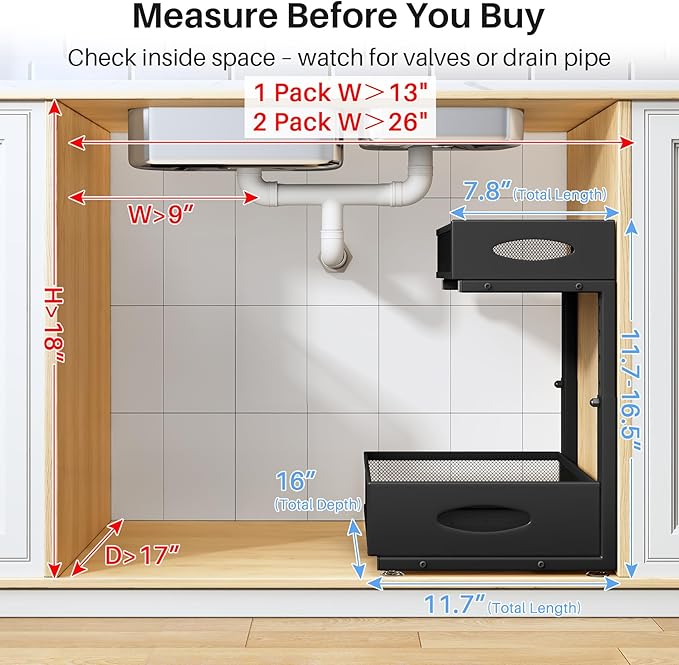 Under Sink Organizer, 2 Pack 2 Tier Pull Out Under Cabinet Organizer Shelf
