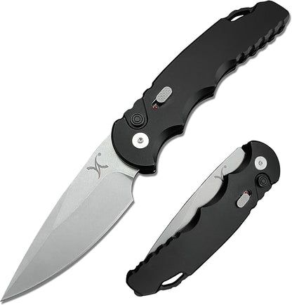 HUAAO 7.5??Assisted Opening Push Button Folding Pocket Knife, 2.8??D2 Blade Aluminum Alloy Handles with Pocket Clip and Lanyard Loop for EDC