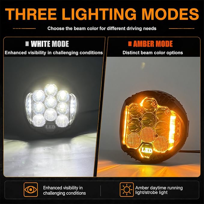LIGBT 4PCS 7 Inch White Round Side Shooter Offroad Fog Lights Amber DRL 90W 3 Modes 270° Wide Range Super Bright LED Pods Light Kit with Wiring Harness for Pickup Truck ATV UTV SUV