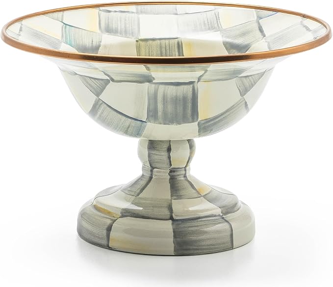 MACKENZIE-CHILDS Enamel Compote, Cute Enamel Pedestal Serving Dish or Decorative Bowl, Small, Gray-and-White Sterling Check