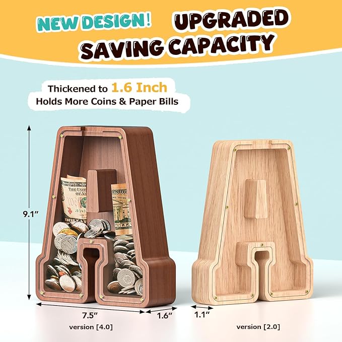 Summidate Wooden Letter Piggy Bank, Extra Thick Large Capacity Piggy Bank for Kids Boys Girls Toddler, Alphabet R Money Bank| Coin Box Birthday, Christmas, Festival