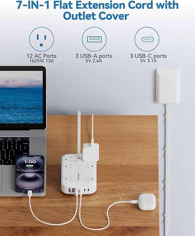 25FT Extension Cord with Outlet Cover & Multi USB, Ultra Thin Outlet Concealer