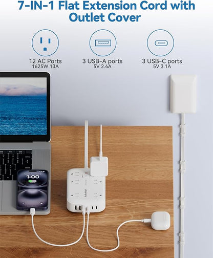 25FT Extension Cord with Outlet Cover & Multi USB, Ultra Thin Outlet Concealer