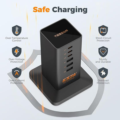 USB C Charger Blcok PD 100W, TESSAN 6-in-1 Charging Station