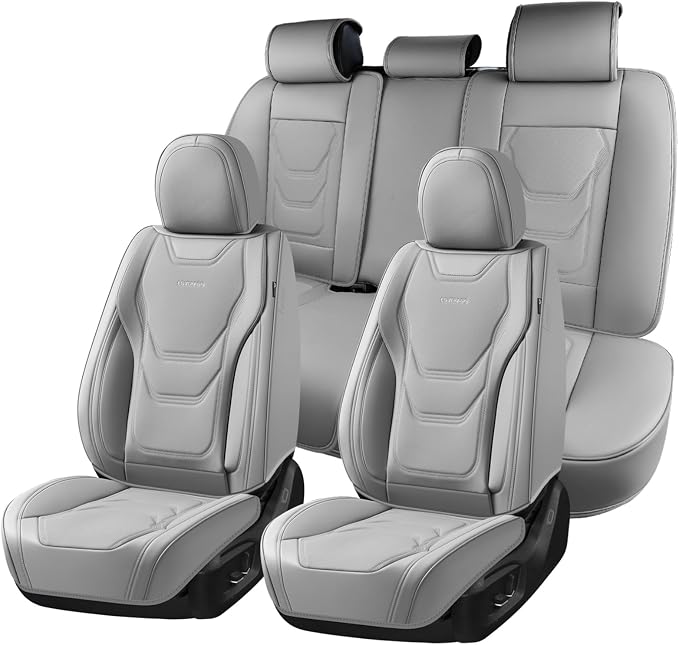 Coverado Car Seat Covers Full Sets, 5 Piece Car Seat Protector Waterproof Leather Seat Cushion Universal Fit for Truck Automotive Vehicles Gray