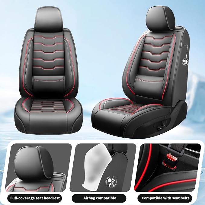 Fit Patriot Car Seat Covers for Jeep Patriot 5 Seats 2007-2016 2017 -Premium Leather, Waterproof & Breathable，All-Weather Seat Cushion Protecto & Airbag Compatible, 2 Front Seat Red Line&Black