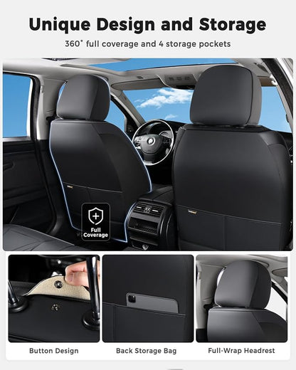 Huidasource Car Seat Covers Full Set, Universal Fit for Most Cars SUV Trucks, Full Coverage Nappa Leather Seat Cover, Airbag, Cupholder Compatible, Velcro Adjustable, Seat Function Retain, Black