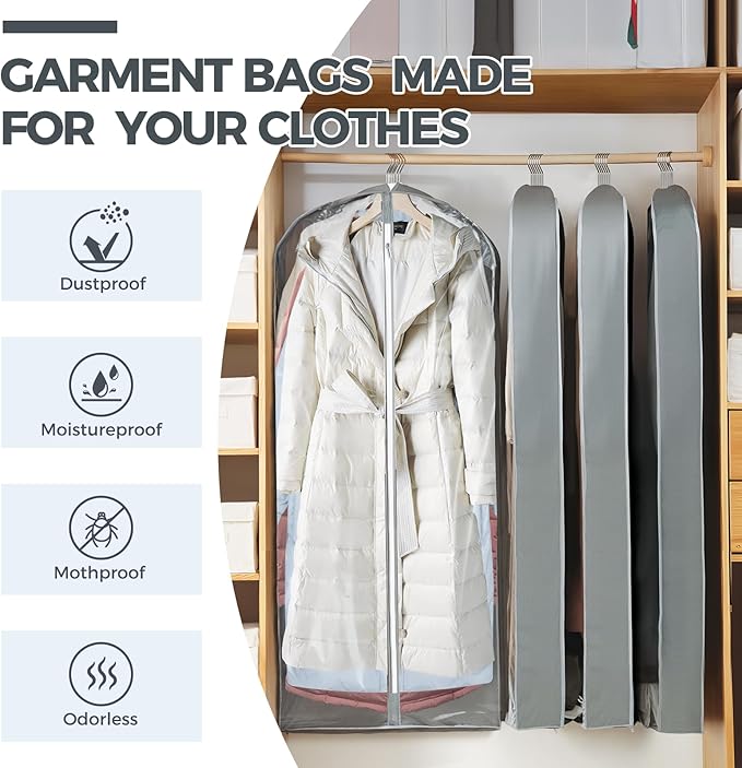 6 Pcs 60" Garment Bags for Hanging Clothes, Garment Bags Shoulder Covers