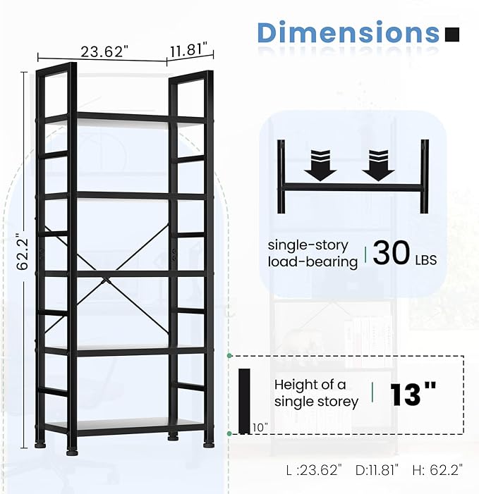 DUMOS 5 Tiers Bookshelf, Classical Book Shelf, Tall Display Shelves in Living