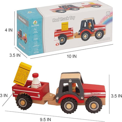 Wooden Tractor Toys for Toddlers 1-3, Baby Vehicle Toys Hand Push Car Toys for 1 2 3 Year Old Boys Girls (Red)