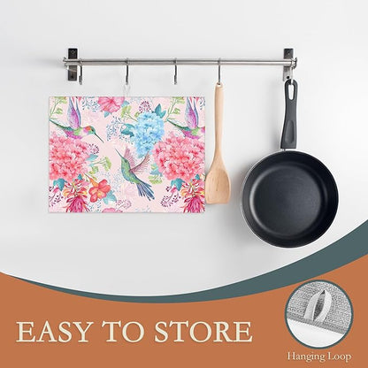 Humming Bird Dish Drying Mats 18x24 Inch, Tropical Flowers Dish Pad Drying Rack