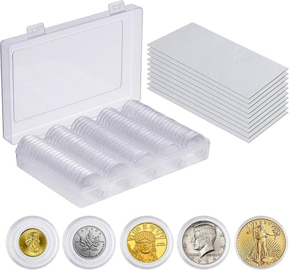 100Pcs 30mm Coin Holders with 5-Size Foam Gasket, Plastic Coin Capsules for Collectors, Clear Coin Case with Storage Organizer Box for Coin Collection Supplies, White Gasket 17/20/25/27/30mm