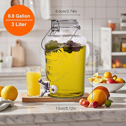 Glass Beverage Dispenser with Airtight Lid and Handle, 0.8 Gallon Drink